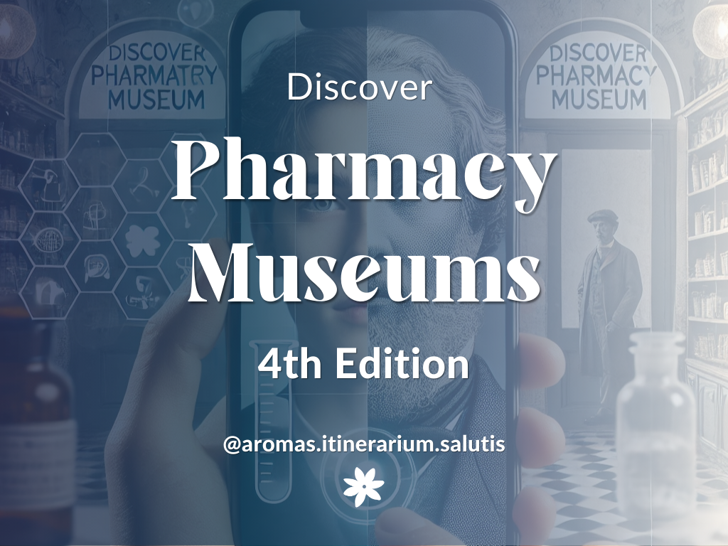 Promotional cover for Discover Pharmacy Museums, featuring a blend of historical and digital elements, including a smartphone displaying a historical figure, pharmacy artifacts, and the event title