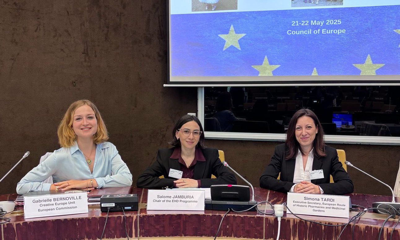 Gabrielle Bernoville, Salome Jamburia, and Simona Tardi speaking at the Council of Europe during the European Heritage Days 2025