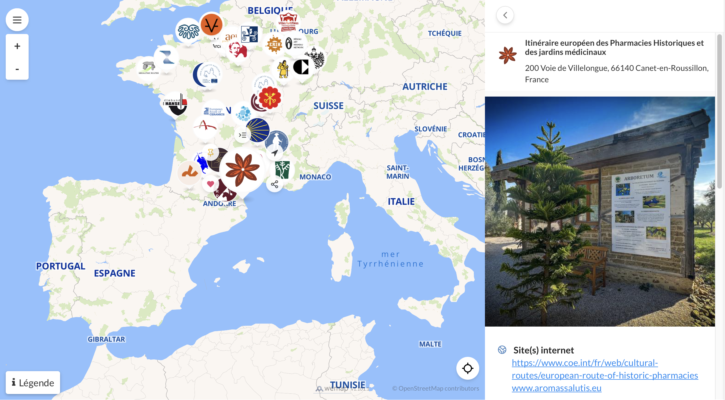 Interactive map of the Cultural Routes of the Council of Europe in France, highlighting the Arboretum Mas Roussillon in Canet-en-Roussillon as part of the AIS Route.